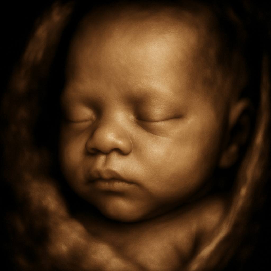 A detailed 3D ultrasound image showing clear facial features of a baby inside the womb, highlighting the difference from standard 2D ultrasound images.