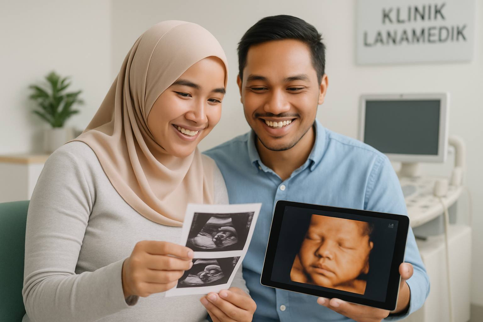 Expectant parents reviewing printed photos and digital images of their baby after the 3D ultrasound scan, smiling and bonding during the appointment.
