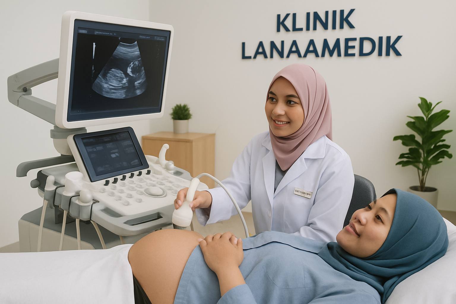 A healthcare professional operating advanced ultrasound equipment at Klinik Lanaamedik in Sungai Buloh, with a welcoming and comfortable clinic setting.