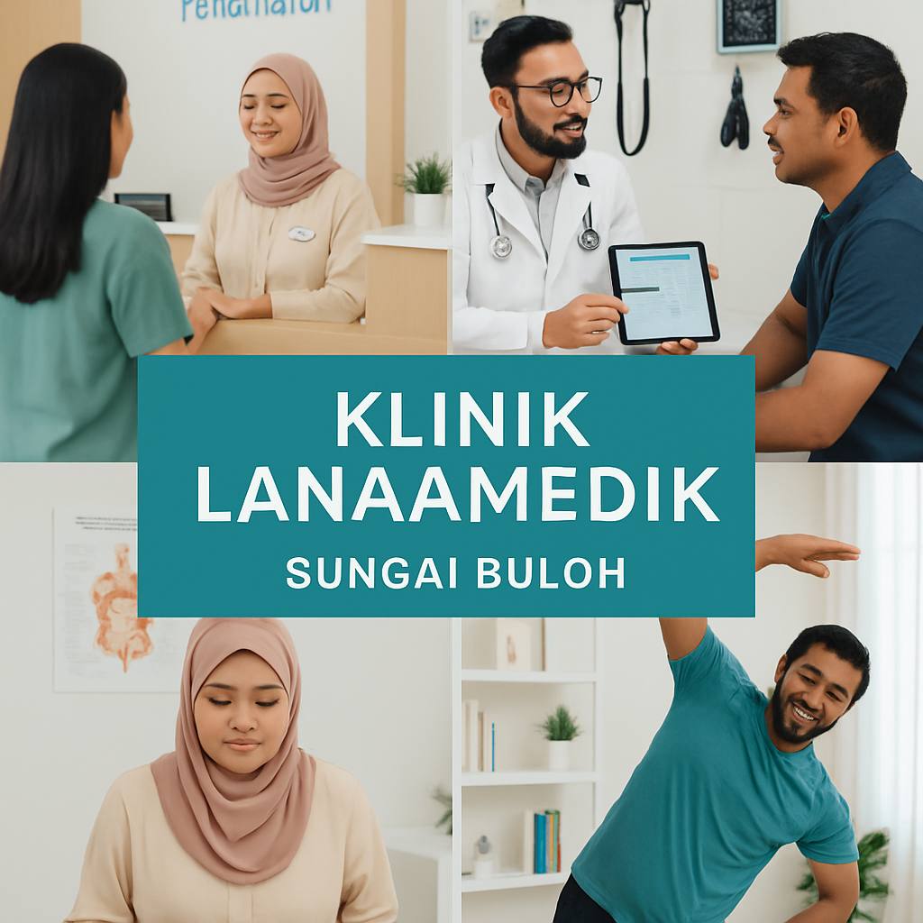 Visual promosi Klinik Lanaamedik di Sungai Buloh, memperlihatkan suasana klinik, konsultasi dengan doktor profesional, dan aktiviti gaya hidup sihat seperti diet seimbang dan senaman