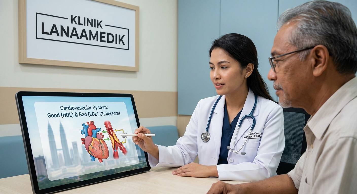 Illustration of the human cardiovascular system highlighting good (HDL) and bad (LDL) cholesterol, with a focus on arteries and heart health, set against a backdrop of Kuala Lumpur cityscape to represent Malaysian context.