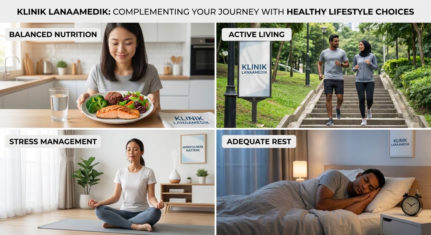 Healthy lifestyle collage featuring balanced meals with vegetables and lean proteins, exercising (walking or stairs), stress management, and adequate sleep to complement weight loss injections.