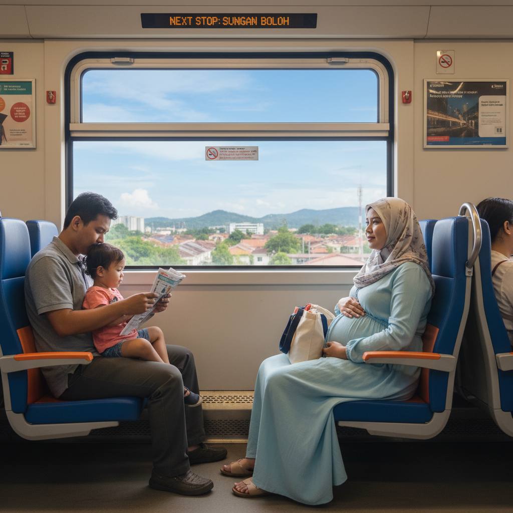 A pregnant Malaysian woman commuting between Kuala Lumpur and suburban areas like Sungai Buloh or Shah Alam, showing the context and location.