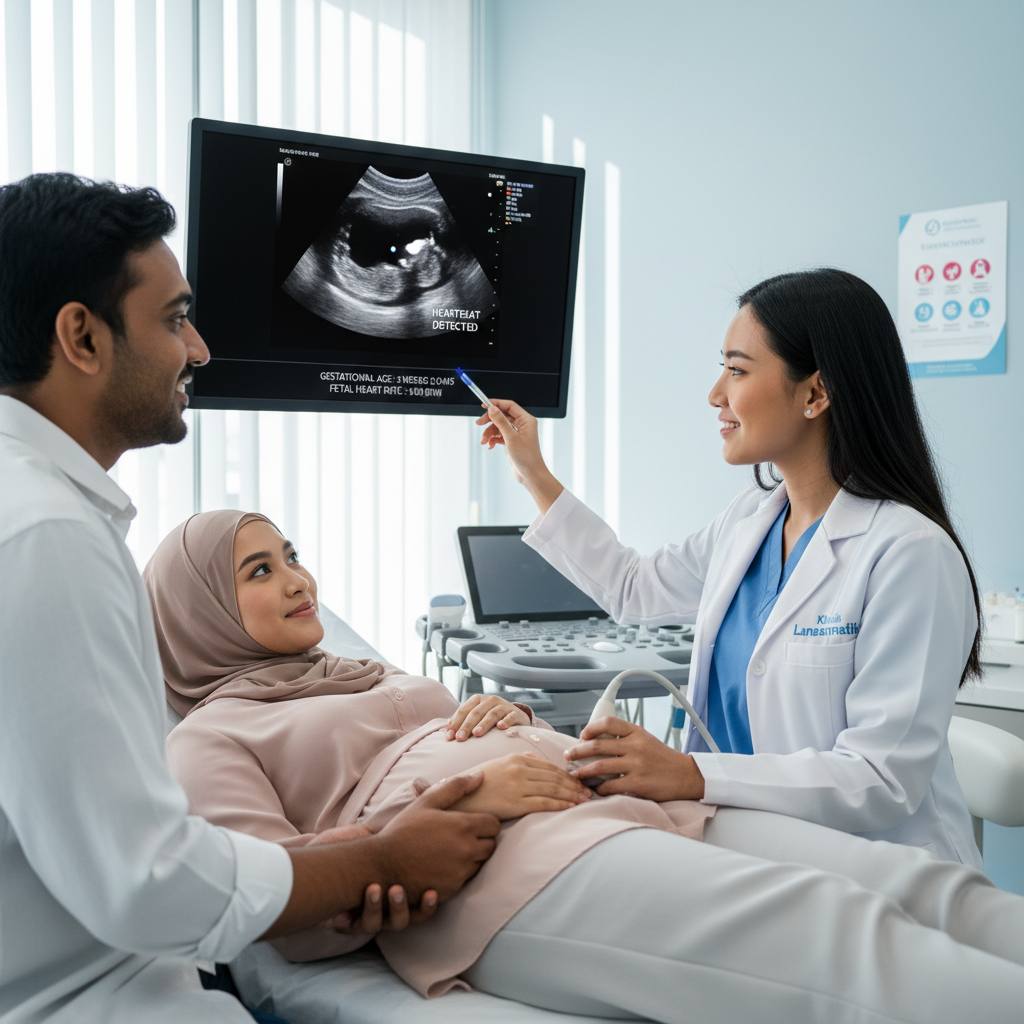 Visualization of an early pregnancy ultrasound image showing the gestational sac, fetal pole, and heartbeat on the ultrasound monitor.