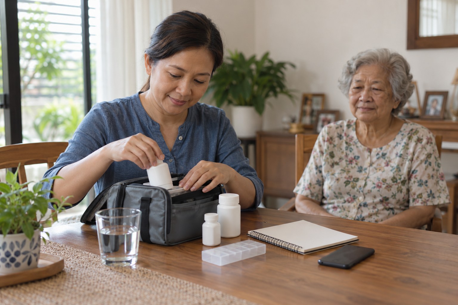 Family preparing medicines for a home medical visit