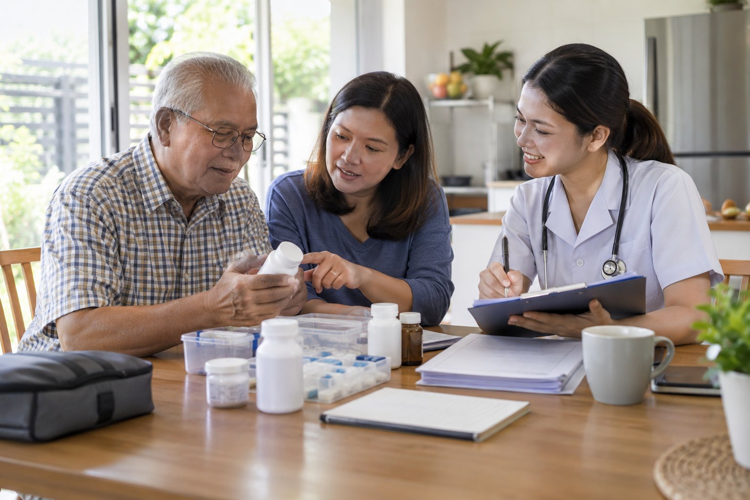 Family preparing medicines and records for a home visit